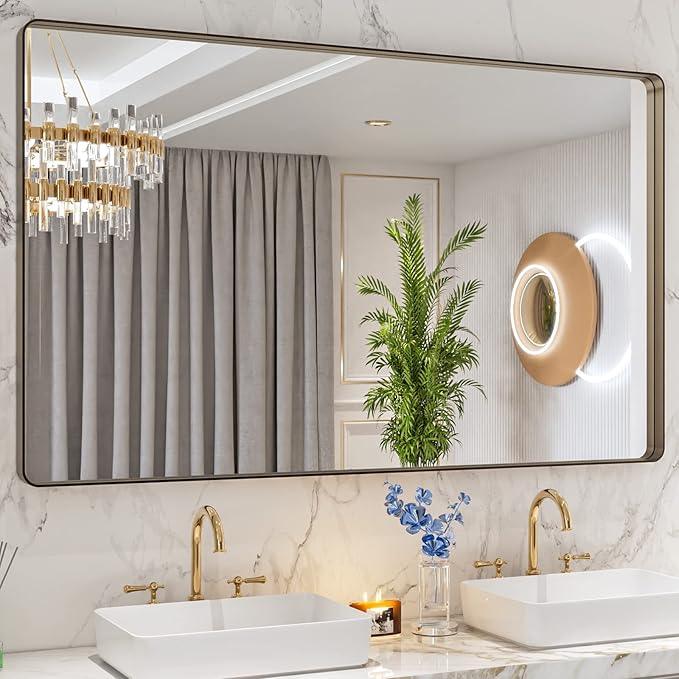 LOAAO 60”X36” Bronze Bathroom Mirrors for Vanity, Rounded Rectangle Brushed Bronze Metal Frame Mirror, Anti-Rust, Tempered Glass, Hangs Horizontally or Vertically - ModernBath