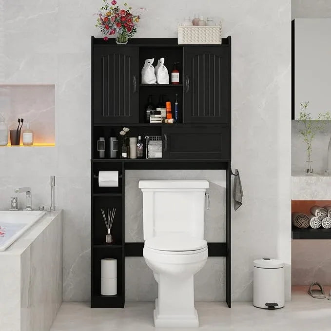 Vabches Farmhouse Over The Toilet Storage Cabinet with 2 Barn Doors & Sliding Door, Over The Toilet Bathroom Organizer with Open Storage Layer and Adjustable Shelves & Hooks.Black - ModernBath