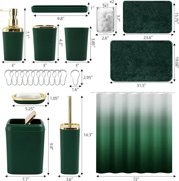 XLHOMO Bathroom Set - Dark Green Bathroom Sets with Shower Curtain and Rugs, 24PCS Shower Curtain Set with Hooks, Soap Dispenser, Soap Dish, Toilet Brush Holder and Trash Can for Housewarming - ModernBath
