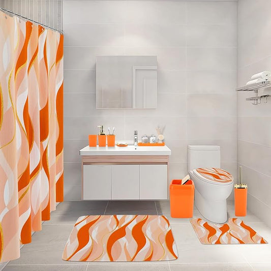 XLHOMO Bathroom Set - Orange and Gold Bathroom Accessories, Bathroom Sets with Shower Curtain and Rugs, Orange Shower Curtain Set with Bathroom Trash Can, Soap Dispenser, Soap Dish for Home Decor