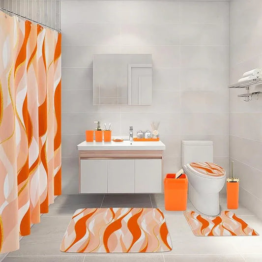 XLHOMO Bathroom Set - Orange and Gold Bathroom Accessories, Bathroom Sets with Shower Curtain and Rugs, Orange Shower Curtain Set with Bathroom Trash Can, Soap Dispenser, Soap Dish for Home Decor - ModernBath