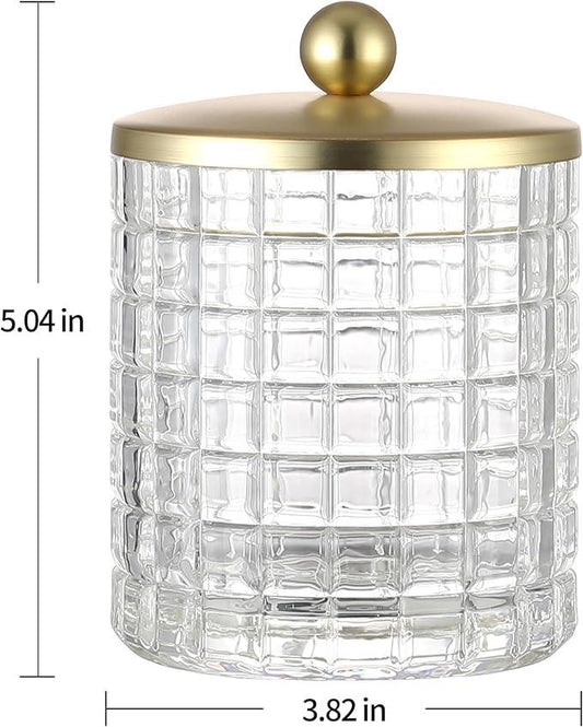 Indecor Home Clear Tranparent Apothecary Etched Geometric Grid Glass Jar W/Gold Metal Lid Cover for Bathroom Organization, Cotton Balls, Q Tips, and Small Accessories, Bathroom Storage - ModernBath