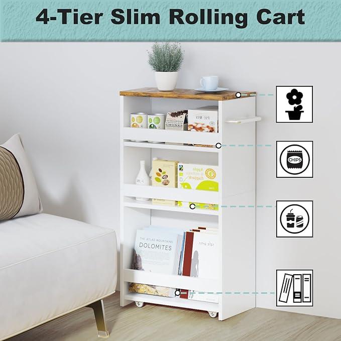 MARTY Rolling Storage Cart 7.9" W, 4-Tier Kitchen Cart with Wheels Handle, Slim Storage Cart Mobile Shelving Utility Carts for Bathroom Laundry Room Organization Narrow Places (White) - ModernBath
