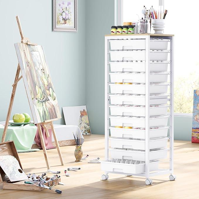 Rolling Cart with Drawers,12 Drawer Rolling Cart,Rolling storage cart with drawers,White Rolling Drawer Cart,Teacher Rolling Cart for Classroom Storage,Craft Cart with Wooden Tabletop - ModernBath
