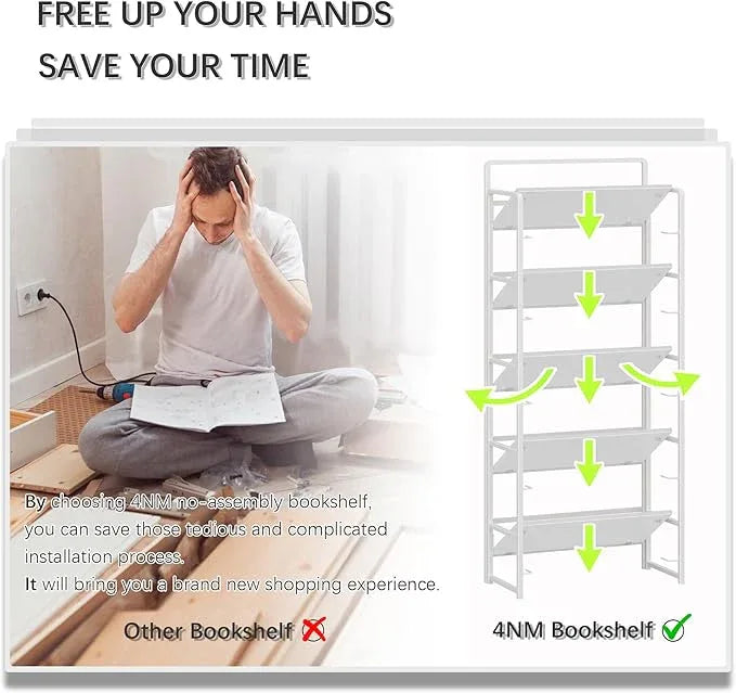 4NM No Assembly 5 Tiers Folding Bookshelf Storage Shelves Vintage Bookcase Standing Racks Study Organizer Home Office (All White) - ModernBath