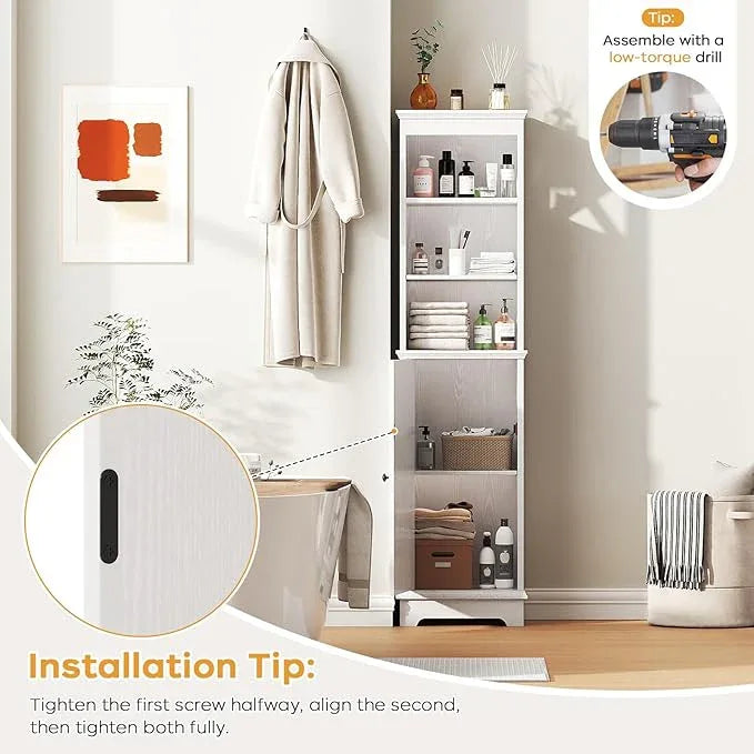 Narrow Bathroom Storage Cabinet with Door and Open Adjustable Shelves, 60.9" H Wooden Tall Tower Corner Farmhouse Cabinet, Freestanding Organizer for Kitchen, Entryway White - ModernBath