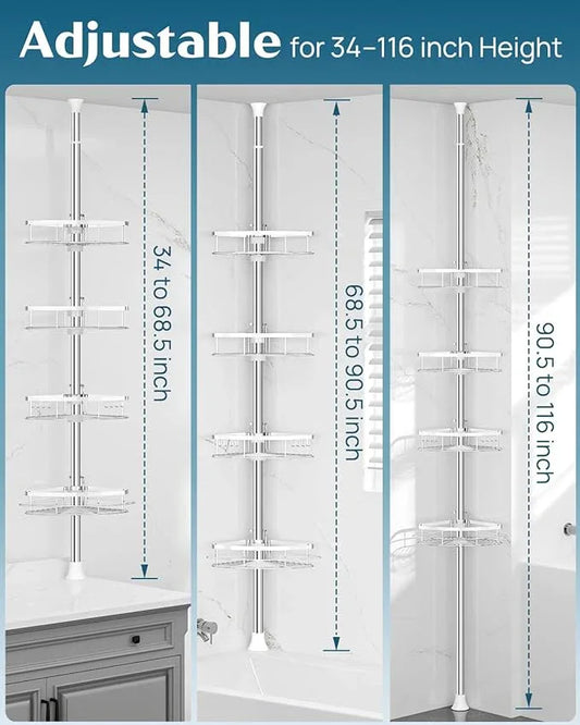 SEIRIONE Rustproof Shower Corner Caddy Organizer for Bathroom, 4 Adjustable Shelves with Tension Pole, for Bathtub Shampoo Accessories Storage Holder, 34 to 116 Inch Height - ModernBath