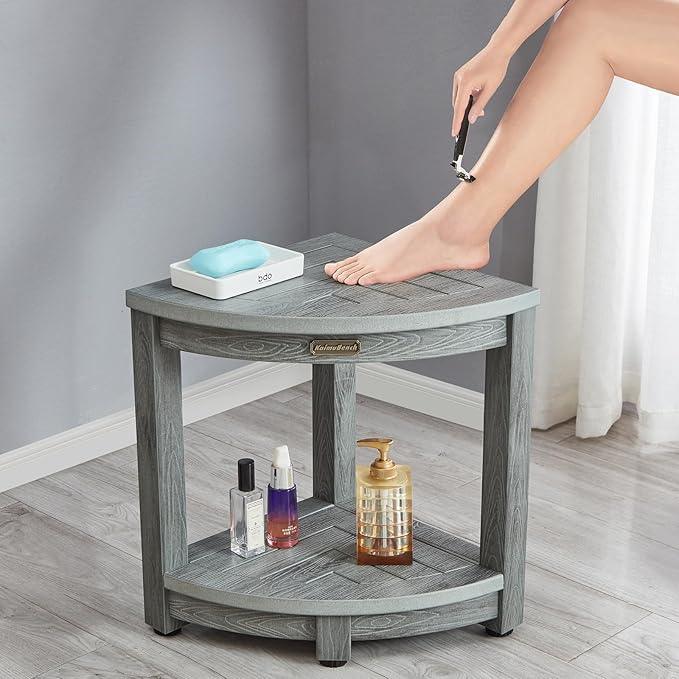 Waterproof Shower Bench for Inside Shower, Gray HDPS Corner Shower Stool for Shaving Legs, Poly Lumber Shower Foot Seat, Plastic Bathroom Shower Bench Seat with Storage Shelf, Non-Slip/No-Maintenance - ModernBath