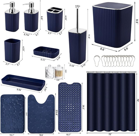 XLHOMO 26PC Bathroom Accessories Set - Gorgeous Blue Bathroom Set, Bathroom Accessory Set, Blue Shower Curtain Set with Bathtub Mats for Shower Tub