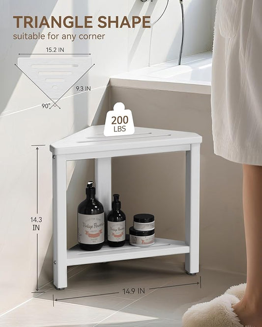 Shower Foot Rest 15in, HDPE Waterproof Shower Stool for Inside Shower, Corner Shower Stool for Shaving Legs with Storage Shelf for Small Space, Shower Step Stool, Plastic Corner Shower Bench, White