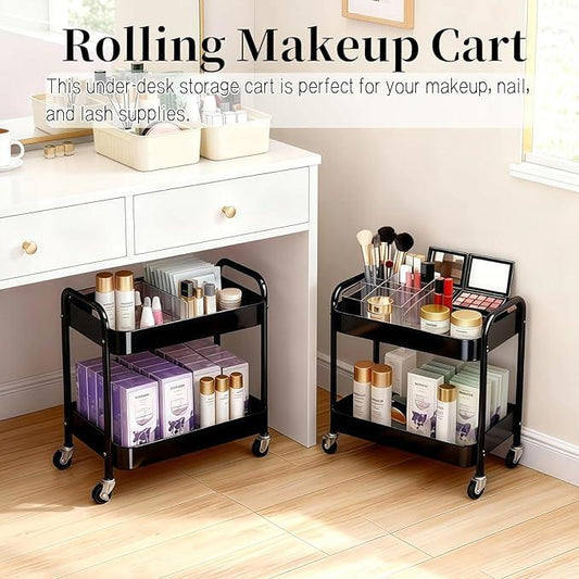 2 Tier Rolling Cart with Wheels for Under Desk Storage & Pantry Room, Large Capacity Laundry Room & Makeup Organizer, Sturdy Kitchen Utility Cart for Small Space with 4 Hooks, Black - ModernBath