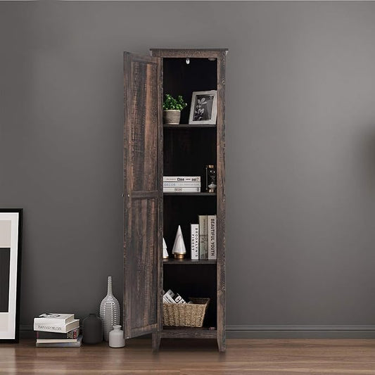 Giantex Tall Storage Cabinet Free Standing Floor Storage Tower with Four Shelves and Single Door, Narrow Cabinet for Bedroom, Living Room, Bathroom 17x16x72 Inch Utility Storage Cabinet (Coffee)