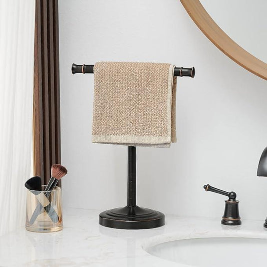 RUMOSE 13 Inch Oil Rubbed Bronze Towel Stand Hand Towel Holder Bathroom Kitchen Vanity Countertop T-Shape Towel Rack Free Standing Stainless Steel Towel Bar Towel Ring - ModernBath