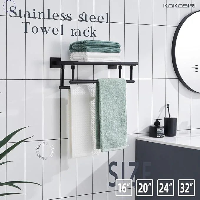 KOKOSIRI Bath Towel Rack with Double Towel Bars 16-Inch Bathroom Towel Shelves Towel Holder Wall Mounted Stainless Steel, Matte Black, B6005BK-L16 - ModernBath