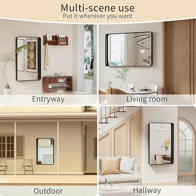 Koonmi Black Wall Mirror for Bathroom, 30x48 Inch Matte Deep Framed Rounded Rectangle Vanity Mirror for Farmhouse Living Room, Tempered Glass, Anti-Rust, Vertically or Horizontally - ModernBath