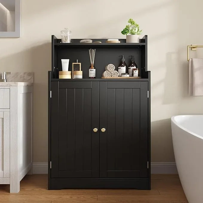 Gizoon Small Bathroom Storage Cabinet, Freestanding Organizer with 2 Doors, 2 Adjustable Shelves, 40" H Floor Pantry Cabinet for Dining Room, Kitchen, Living Room, Hallway, Black - ModernBath