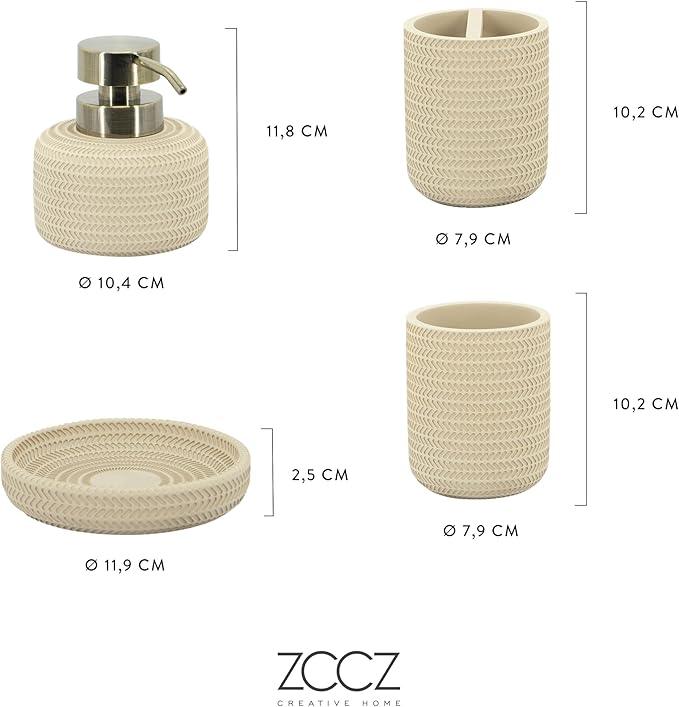 ZCCZ Beige Bathroom Accessories Set 4 Pcs - Toothbrush Holder, Soap Dispenser, Vanity Tray, Tumbler - Countertop Organizer for Bathroom Decor - Stylish and Functional Accessory Set for Home - ModernBath