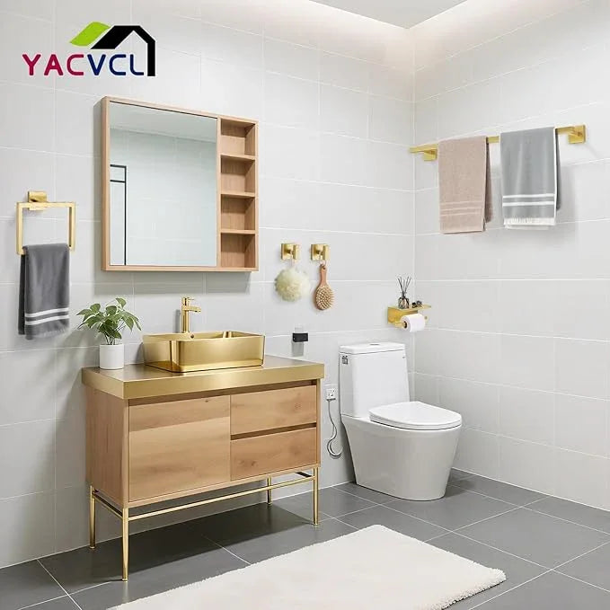 YACVCL 5-Pieces Brushed Gold Bathroom Hardware Accessories Set Stainless Steel Bathroom Towel Bar Set Towel Holder Set for Bathroom,Upgraded Toilet Paper Holder with Shelf,Wall Mounted 23.6" - ModernBath
