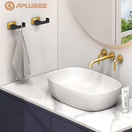 APLusee Double Bath Towel Hook 2 Pack, Solid Stainless Steel Square Dual Coat Holder, Modern Bathroom Kitchen Storage Hanger Wall Mounted, Black & Gold