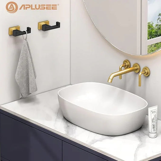 APLusee Double Bath Towel Hook 2 Pack, Solid Stainless Steel Square Dual Coat Holder, Modern Bathroom Kitchen Storage Hanger Wall Mounted, Black & Gold - ModernBath