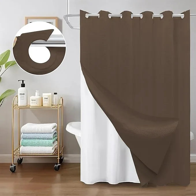 Inhousolu No Hook Waffle Weave Shower Curtain with Removable Snap in Fabric Liner Set for Bathroom, 230 GSM Heavy Duty Weighted Hem, Water Repellent Washable Bath Curtains, 72 x 72 Inch, Brown - ModernBath