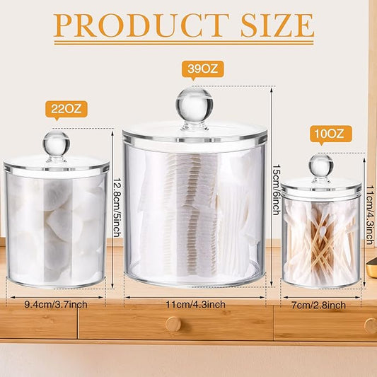 Meanplan 12 Pack Plastic Apothecary Jars with Lids Acrylic Holder Dispenser for Bathroom, 10/22/39 oz Clear Plastic Storage Jars Floss Container for Swab Cotton Ball, 3 Sizes (Acrylic Lid)