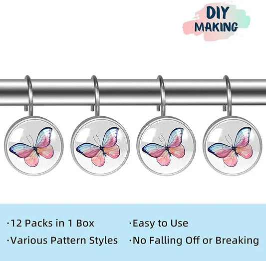 12 Pcs Decorative Shower Curtain Hooks, Rust Proof Glass Surface Stainless Steel Rings for Bathroom Bedroom Kitchen Home Bath Room Rods Decor (Pink Blue Watercolor Butterfly) - ModernBath