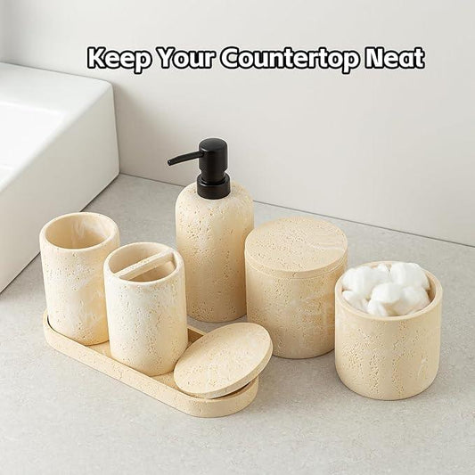 WUUAHOME Bathroom Accessories Set, Travertine Stone-Look, 6 PCS Bathroom Accessory Set with Soap Dispenser, Toothbrush Holder, Tumbler, Vanity Tray, Cotton Swab Jars for Countertop (Yellow) - ModernBath