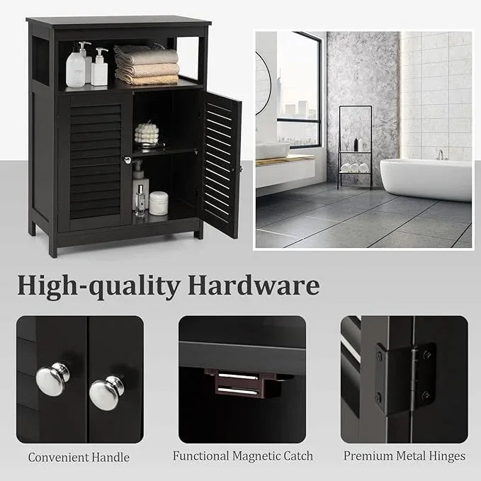 Tangkula Bathroom Floor Cabinet, Wooden Freestanding Storage Cabinet with Double Shutter Door & Adjustable Shelf, Storage Cabinet for Bathroom Living Room (Black) - ModernBath