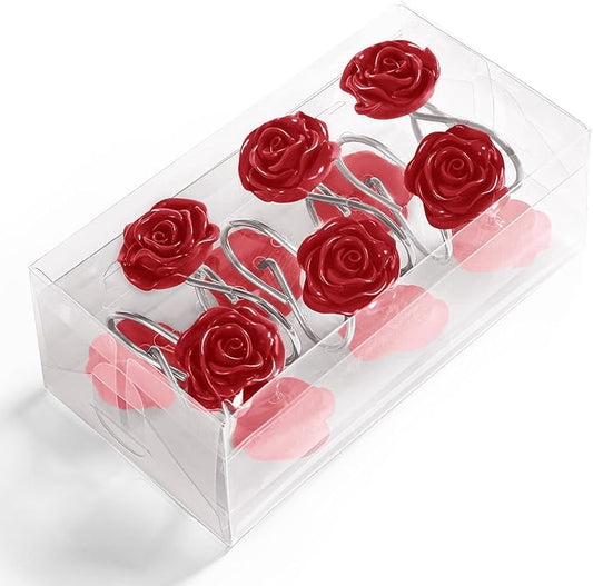 Litabel Rose Flower Shower Curtain Hooks 12PCS, Home Decorative Red Rose Shower Curtain Hooks Metal Rustproof Cute Rose Flower Shower Hooks Rings Bathroom Shower Rods Decoration Accessories