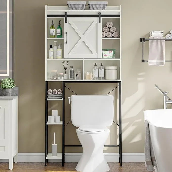 Vabches Over The Toilet Storage Cabinet, Farmhouse Storage Cabinet Over Toilet with Sliding Door & Toilet Paper Holder Stand, Home Space-Saving Toilet Rack for Bathroom, Restroom - ModernBath