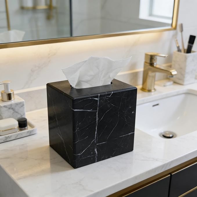 Natural Black Marble Tissue Holder, Removable Tissue Box, Tissue Dispenser with Acrylic Board Bottom, for Bathroom, Living, Bedroom, Dressing Table, Kitchen, Office, 5.5X5.5X5.7 Inch Napkin Box
