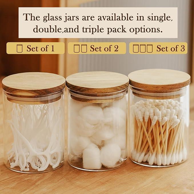 Labina Qtip Holder Glass Bathroom Organizer Storage Canisters with Wooden Lid, 10oz Jar for Cotton Balls Swabs Dispenser and Bathroom Essentials - ModernBath