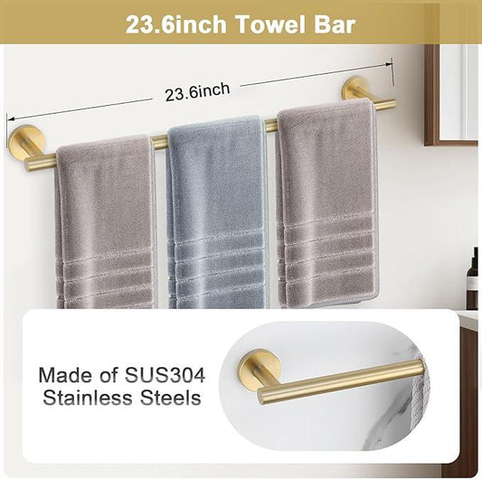 Brushed Gold Bathroom Hardware Set, 5 Pieces Gold Towel Bar Bathroom Accessories, Upgraded Toilet Paper Holder with Shelf Set, 23.6 Inch Towel Rack Towel Holder for Bathroom Wall - ModernBath