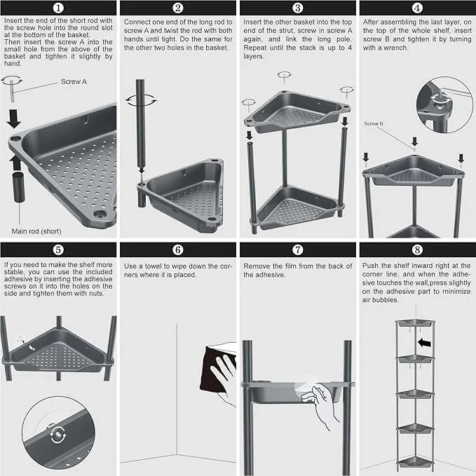 ODesign 5 Tier Floor Standing Corner Shower Caddy Organizer, Plastic Metal Floor Corner Shelf Storage Rack for Bathroom Grey - Rustproof - ModernBath