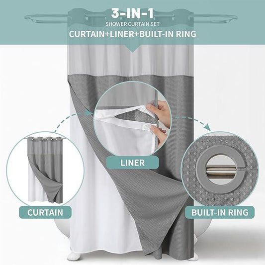 eachope Grey No Hook Waffle Weave Shower Curtain with snap-in Liner Replacement, 230GSM Waterproof Fabric Hotel Shower Curtain Set for Bathroom, Through Mesh Top Window,60Wx74H - ModernBath