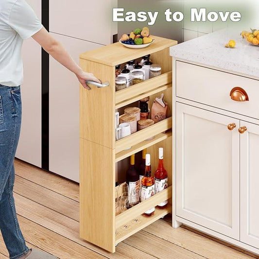 MARTY Rolling Storage Cart 7.9" W, 4-Tier Kitchen Cart with Wheels Handle, Slim Storage Cart Mobile Shelving Utility Carts for Bathroom Laundry Room Organization Narrow Places (Maple) - ModernBath
