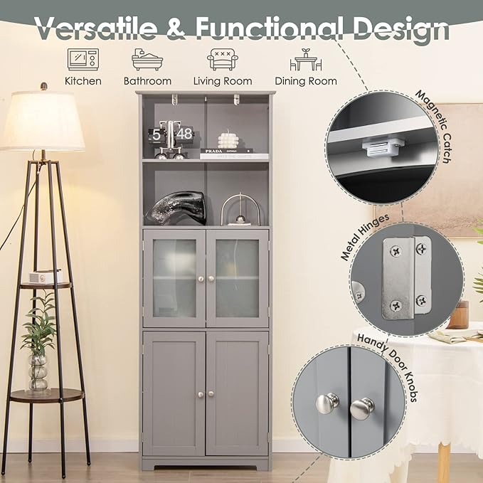 Tangkula Tall Bathroom Storage Cabinet, Freestanding Floor Cabinet w/2 Glass Doors & 2 Open Shelves, 3-Position Adjustable Shelves, Anti-toppling Design, 64” Tall Pantry Cupboard for Kitchen