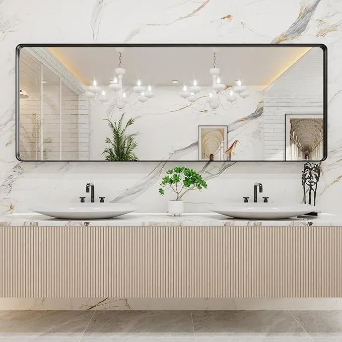 LOAAO 84x32 Inch Black Metal Framed Bathroom Mirror for Wall, Matte Black Bathroom Vanity Mirror Farmhouse, Large Rounded Rectangle Mirror, Anti-Rust, Tempered Glass, Hangs Horizontally or Vertically - ModernBath