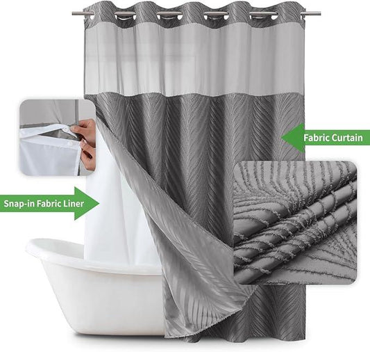 eachope no Hook Shower Curtain and Liner Set,Boho Style with See Through Top Window, Grey Fabric Tufted Striped Textured Outer Curtain & Waterproof Inner Liner, Grey/Gray, 71Wx74H - ModernBath