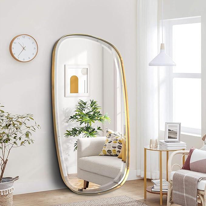 POZINO Gold Beveled Mirror, 28"x48" Modern Rounded Rectangle Mirrors, Large Brass Oval Mirrors, Oblong Vanity Wall Mirror for Bedroom Living Room Entryway Fireplace, Hangs Horizontal Or Vertical - ModernBath