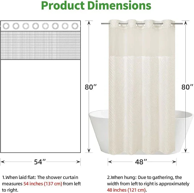 eachope stall no Hook Tufted Shower Curtain with snap in Liner Set, White Waterproof Fabric Inner Liner,Boho Style Shower Curtain with See Through top Window, Cream, 54Wx80H - ModernBath