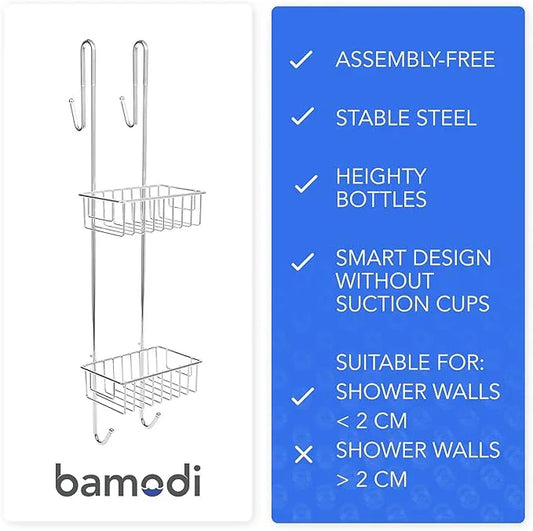Bamodi Shower Caddy Hanging - 2 Tier Over Door Chrome Plated - No Drilling Required - Fits Shower Screens up to 0.78 inches - Hangable Shower Rack with 2 Towel Hooks (27.5 x 7.5 x 7.3 INCHES) - ModernBath