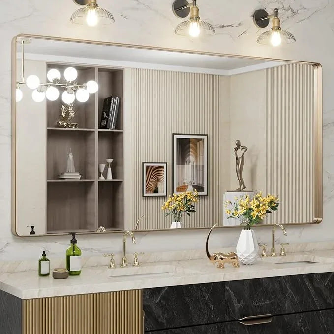LOAAO 72”X36” Gold Bathroom Mirror, Rounded Rectangle Gold Frame Mirror, Brushed Gold Bathroom Vanity Mirror Wall-Mounted, Anti-Rust, Tempered Glass, Hangs Horizontally or Vertically - ModernBath