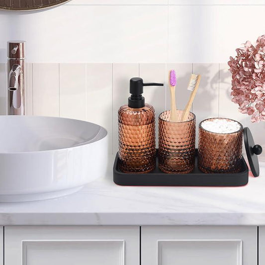 Bathroom Accessories Set,4 Pcs Amber Glass Bathroom Accessories Sets-Lotion Soap Dispenser,Toothbrush Holder,Qtip Holder Dispenser & Resin Vanity Tray,Countertop Vanity Organizer,Amber - ModernBath