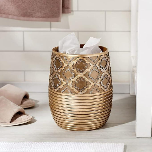 Zahari Home 2pc Spindle Modern Bath Accessories Set Waste Basket & Tissue Box Modern Classic Contemporary Decorative Beautiful Designs Bathroom Decor Set for Home Gold Complete Bathroom Sets - ModernBath