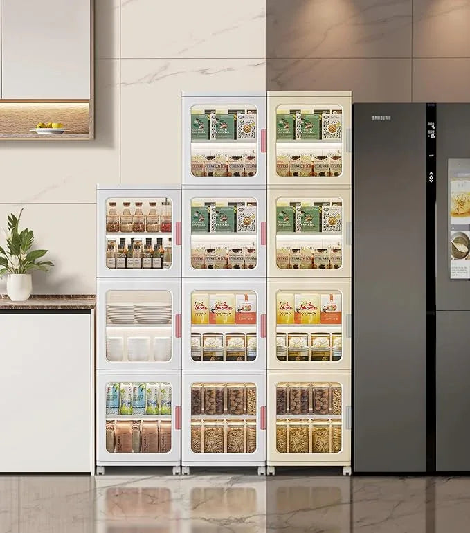 3-Tier Slim Narrow Bathroom Storage Cabinet with Movable Wheels and Adjustable Shelves Plastic Cabinets with Doors Freestanding Organizers for Kitchen Laundry Room Bedroom Pantry,Beige - ModernBath