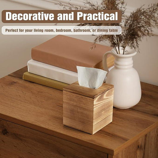 Dreamkey Square Burnt Wood Tissue Box Cover, Rustic Solid Wood Tissue Box Holder with Removable Top Lid for Bathroom, Bedroom, Living Room, Office, Brown - ModernBath