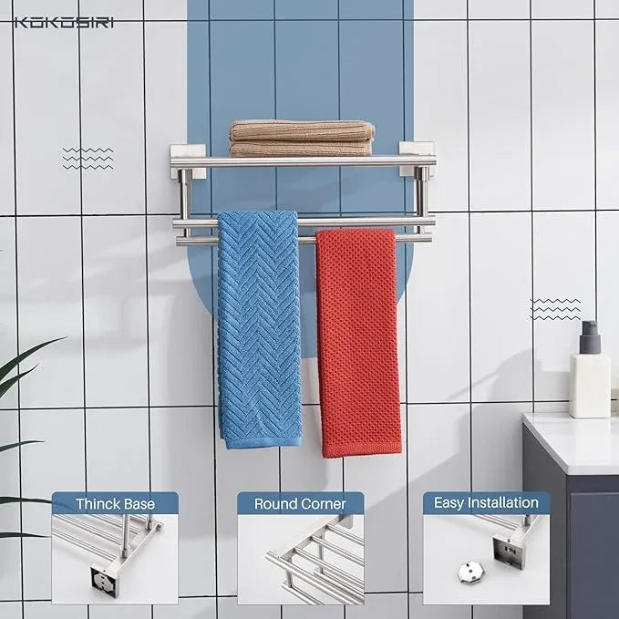 KOKOSIRI Towel Shelf with Double Towel Bars 16 Inches Bathroom Towel Rack Towel Holder Wall Mounted Stainless Steel, Brushed Nickel, B6005BR-L16 - ModernBath