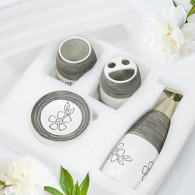 CERBIOR Bathroom Accessories Set,4 Pcs Ceramic Bathroom Decor Accessory,Includes Toothbrush Holder, Toothbrush Cup, Soap Dish for Decorative Countertop and Housewarming Gift, (White Flower) - ModernBath